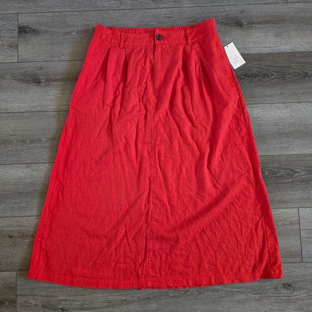 A New Day Womens Skirt A Line Maxi Pockets Comfort Waist Linen Blend Coral L NEW